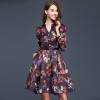 TE9093LLYG Vintage print jacquard weave v-neck long sleeve dress