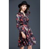 TE9093LLYG Vintage print jacquard weave v-neck long sleeve dress