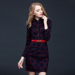 TE9094LLYG Europe fashion POLO collar checks temperament dress