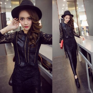 TE9198WMSS Trendy rivet transparent lace sleeve PU splicing tassel dress