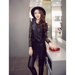 TE9198WMSS Trendy rivet transparent lace sleeve PU splicing tassel dress