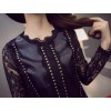 TE9198WMSS Trendy rivet transparent lace sleeve PU splicing tassel dress