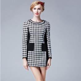 TE9632LLYG Europe fashion slim houndstooth contract color dress