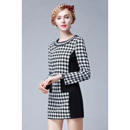 TE9632LLYG Europe fashion slim houndstooth contract color dress