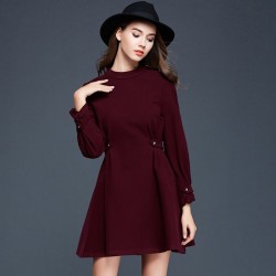 TE9637LLYG Temperament slim waist wide hem long sleeve dress