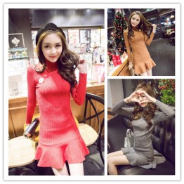 TEQ3099NYG Turtle neck flouncing hem knitting dress