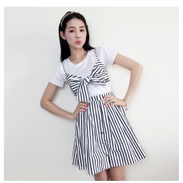 TE0835JLY Korean preppy style joker white t-shirt with vest and stripes skirt