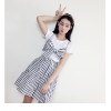 TE0835JLY Korean preppy style joker white t-shirt with vest and stripes skirt