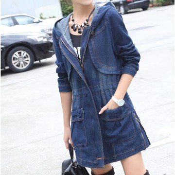 TE1811DPHM Europe fashion print new style long denim coat with cap