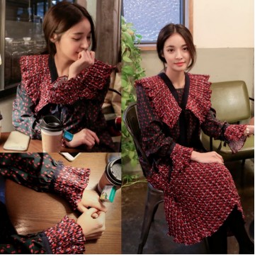 TE2598JYYS Mixing color shawl collar temperament splicing dress