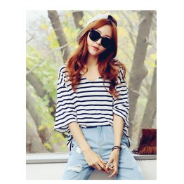 TE2713XYD New style batwing sleeve loose large size v neck stripes t-shirt