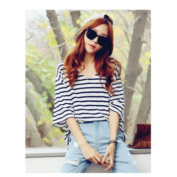 TE2713XYD New style batwing sleeve loose large size v neck stripes t-shirt