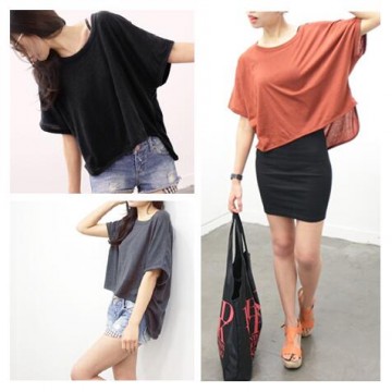 TE3011YZS Pure color loose batwing sleeve irregular joker t-shirt