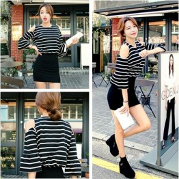 TE3012YZS Black and white stripes off shoulder puff sleeve sexy tight hip dress