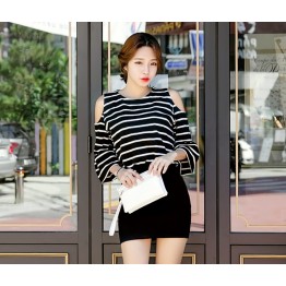 TE3012YZS Black and white stripes off shoulder puff sleeve sexy tight hip dress