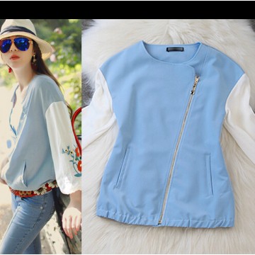 TE3131JJOM Spring fashion embroidery sleeve oblique zipper tops