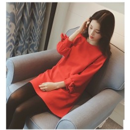 TE5062LXY Round neck pure color bowknot sleeve dress