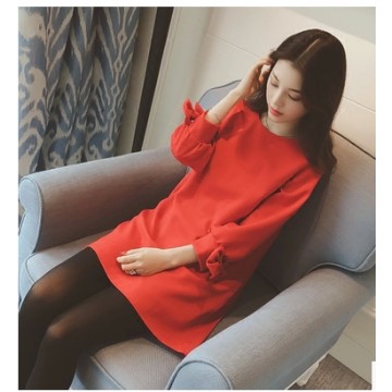 TE5062LXY Round neck pure color bowknot sleeve dress