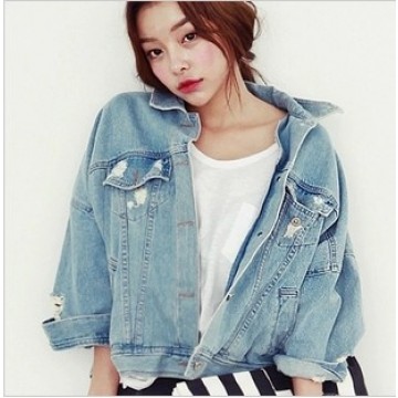 TE5206VVN Trendy vintage make it old loose denim jacket