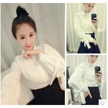 TE5608BGFS Korean fashion sweet bowknot puff sleeve white blouse