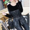 TE575LLJ New style velvet splicing leather slim waist tops