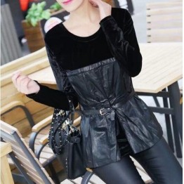 TE575LLJ New style velvet splicing leather slim waist tops