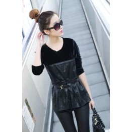 TE575LLJ New style velvet splicing leather slim waist tops