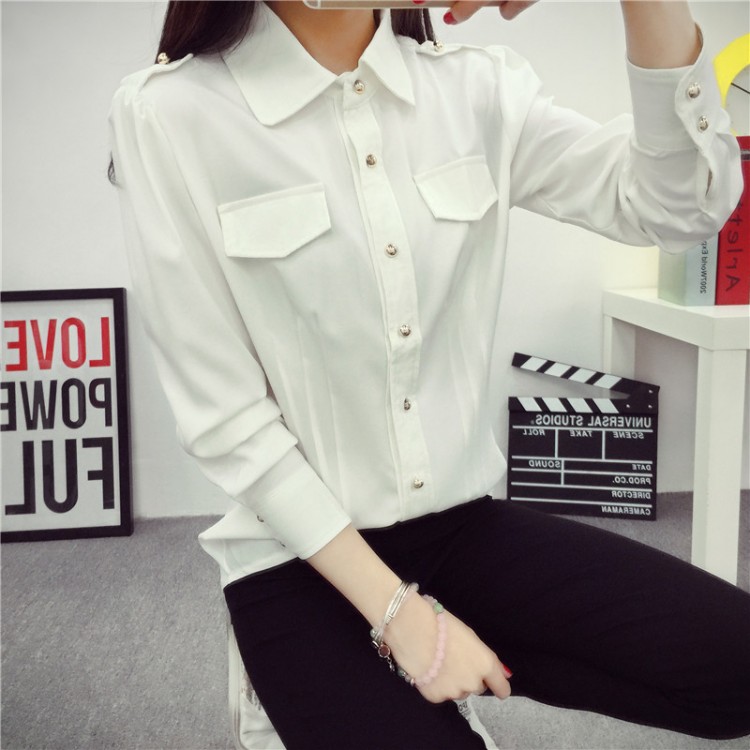 Te583adfs Simple Pocket Long Sleeve Classic White Shirt