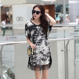 TE6006AYY Ink printing loose large size tassel hem maternity dress