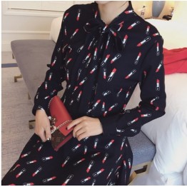 TE6081FCY Lacing collar lipstick print empire waist dress