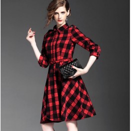 TE6162VIP Europe fashion temperament checks slim waist dress