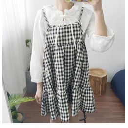 TE6310YZMY Preppy style England checks gallus vest dress