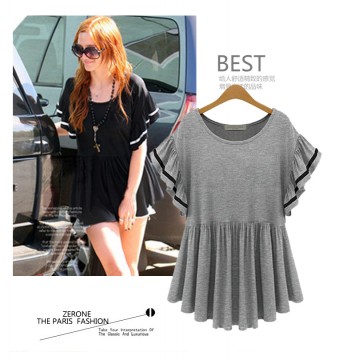 TE6802YWQS European fashion flouncing short sleeve skirt hem loose t-shirt