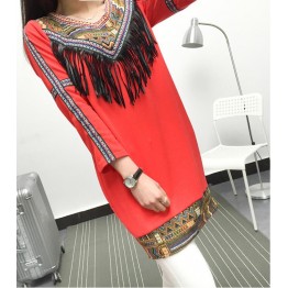 TE6806AYY National style v neck tassel embroidery dress