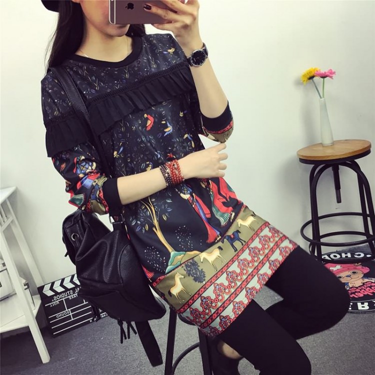 Te6808ayy Casual Indian Print Splicing Slim Dress