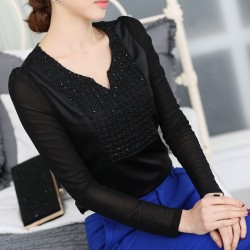 TE6996SOLO Spring style slim v-neck lacing splicing chiffon shirt