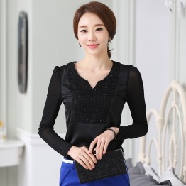 TE6996SOLO Spring style slim v-neck lacing splicing chiffon shirt