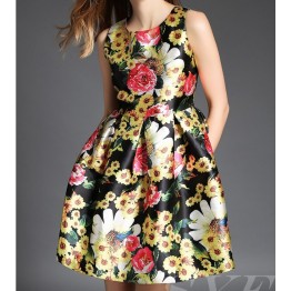 TE7347SYF Europe fashion chrysanthemum print slim wait sleeveless dress