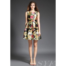 TE7347SYF Europe fashion chrysanthemum print slim wait sleeveless dress