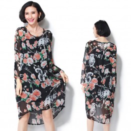 TE7397HSJP Europe fashion trendy print chiffon large size dress