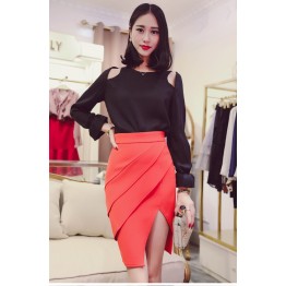 TE8032DDLY Round neck off shoulder pullover temperament pure color chiffon shirt