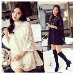 TE8035HYG Round neck hollow out lace dress with inner vest