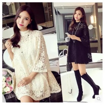 TE8035HYG Round neck hollow out lace dress with inner vest