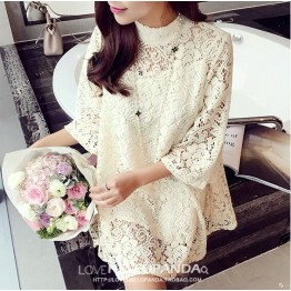 TE8035HYG Round neck hollow out lace dress with inner vest