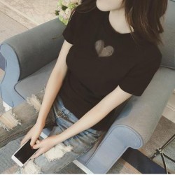 TE8121MHYR Korean mesh heart pure color round neck t-shirt