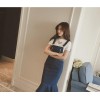 TE8121MHYR Korean mesh heart pure color round neck t-shirt