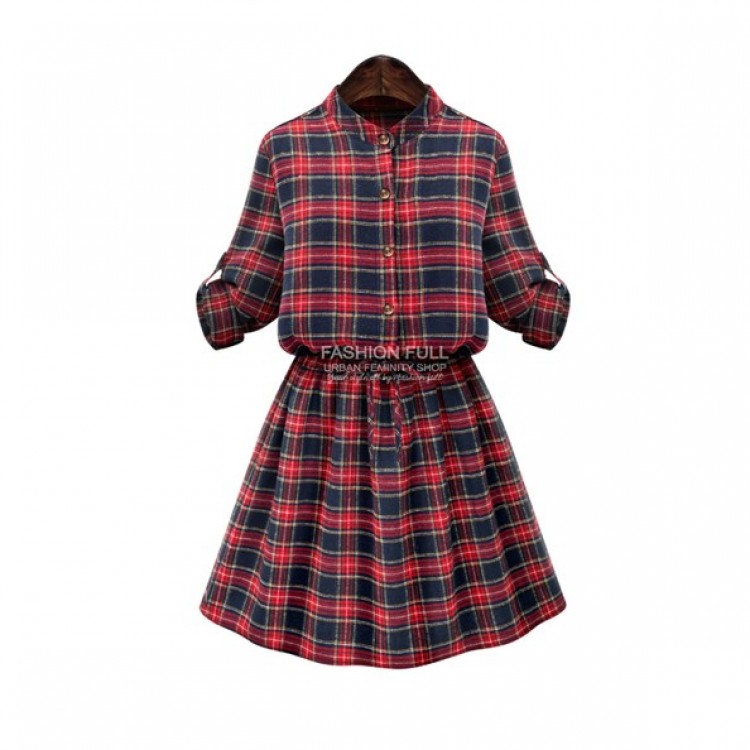 Te9360mg Europe Fashion Plus Size Checks Slim Waist Dress