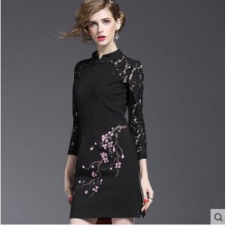 TE9641LLYG New style chinese collar lace splicing plum blossom print dress