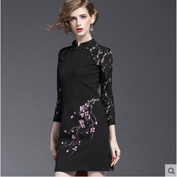 TE9641LLYG New style chinese collar lace splicing plum blossom print dress