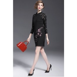 TE9641LLYG New style chinese collar lace splicing plum blossom print dress